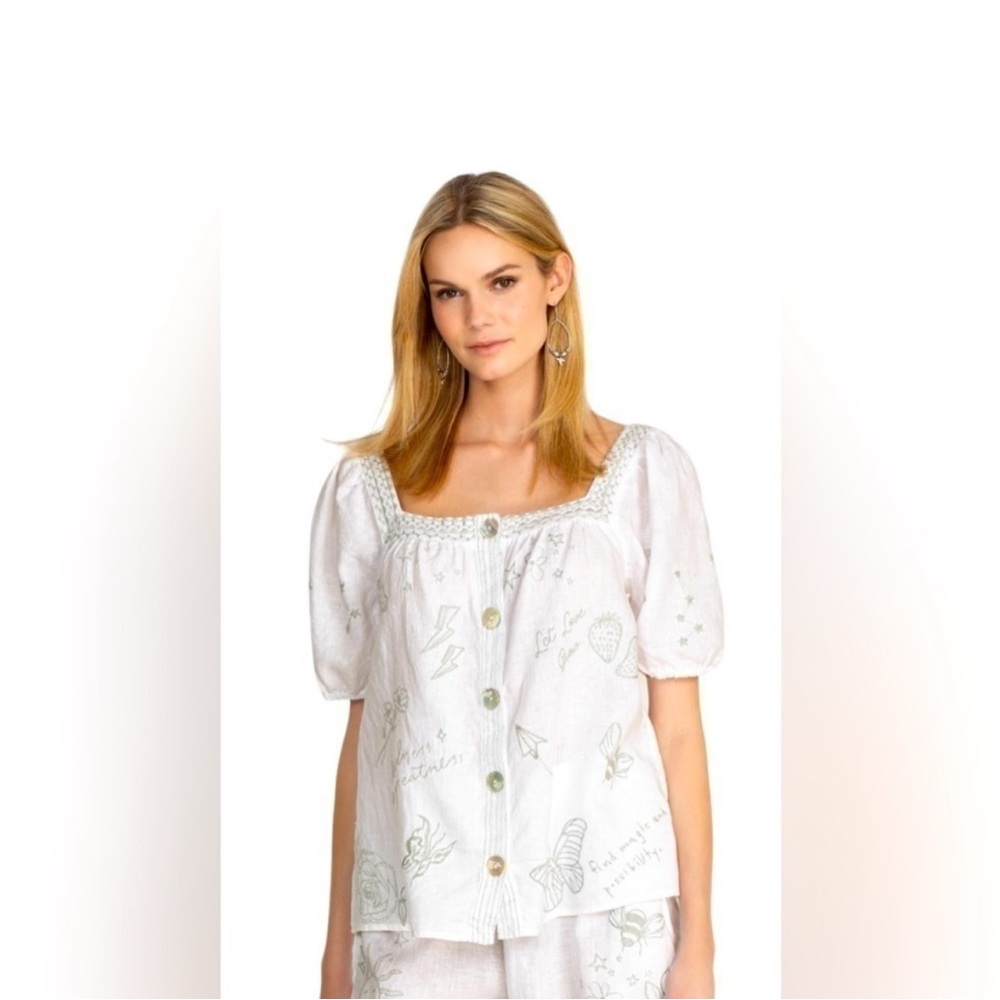 Johnny Was White Blouse with Grey Embroidery